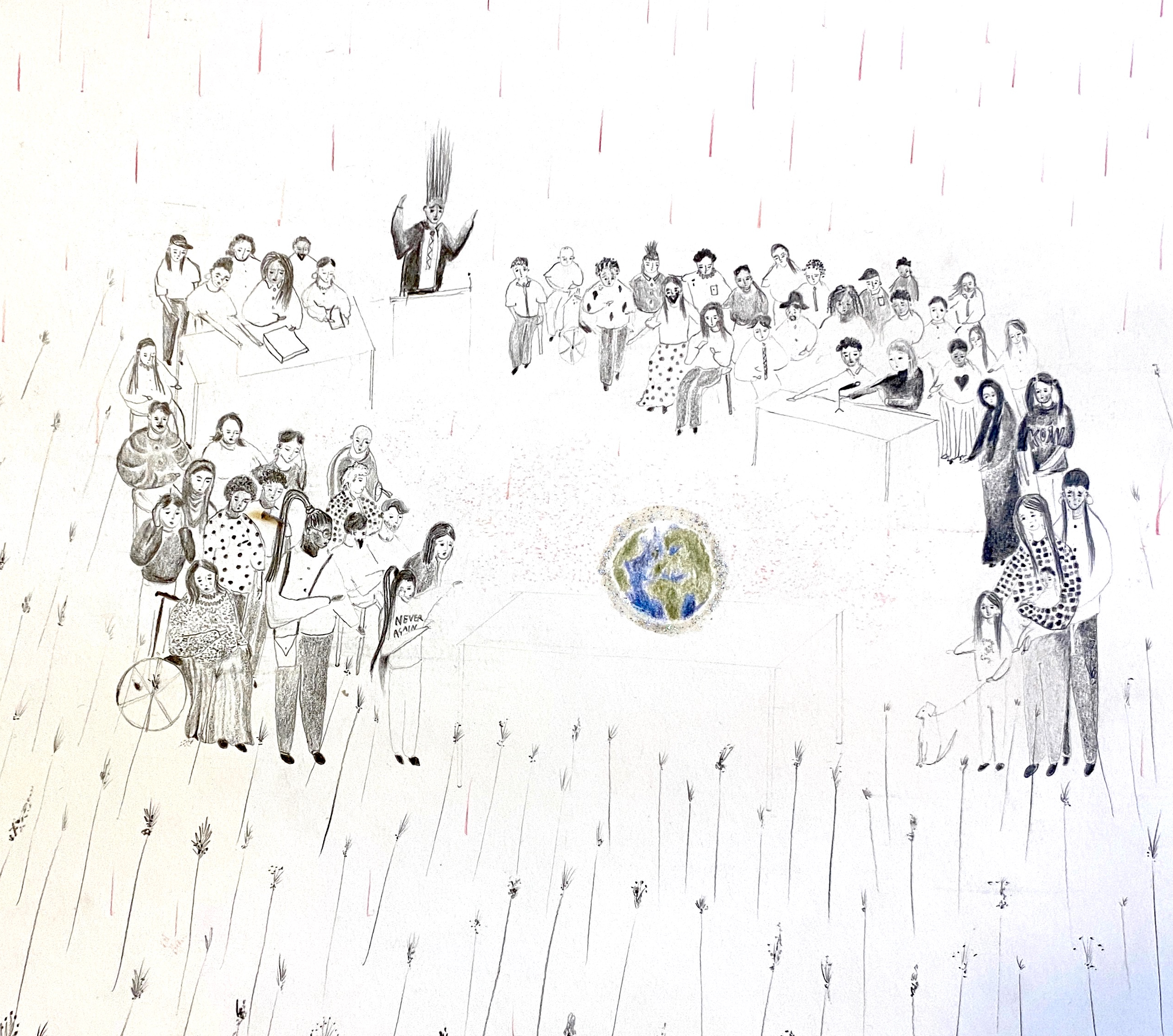 Hand drawing showing a gathering of around 30 people of many ages, ethnicities along with pet and wheelchairs congregated around a small representation of the earth